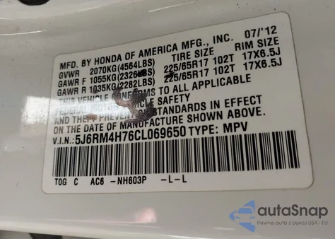 2012 Honda Cr-V Ex-L from USA, damaged, VIN 5J6RM4H76CL069650